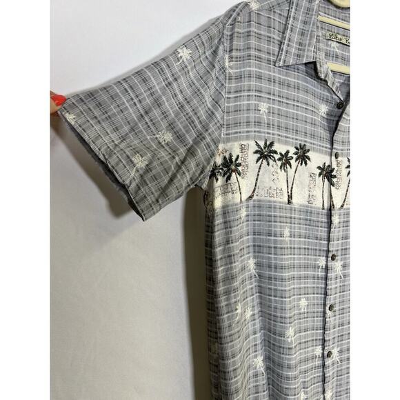VTG Men’s Silk Button Down Hawaiian Shirt L Gray Pocket Polynesian Batik Bay - Picture 6 of 10